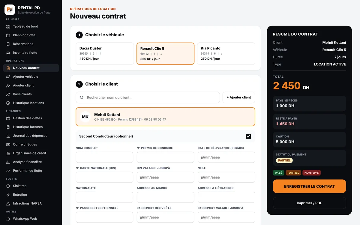 Écran nouveau contrat RENTALPd